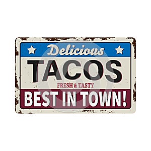 Tacos Vector retro sign template for traditional taco meal in Mexican restaurants. Hot and spicy Mexican tacos advertise