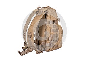 Tactical backpack color coyote front view isolated on white background equipment military tourist