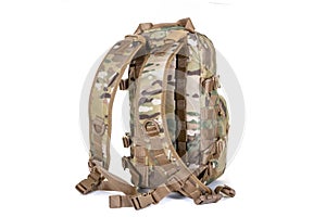 Tactical backpack color khaki front view isolated on white background equipment military tourist