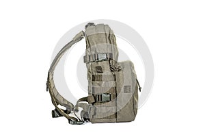 Tactical backpack color khaki front view isolated on white background equipment military tourist