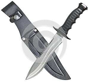 Tactical Combat Hunting Survival Bowie Knife With Black Leather Sheath Isolated On White Background photo