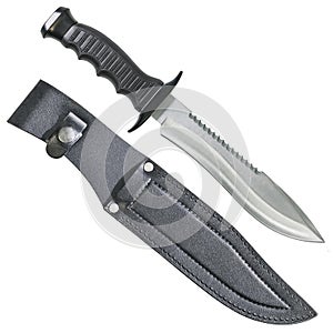 Tactical Combat Hunting Survival Bowie Knife With Its Black Leather Sheath Isolated On White Background