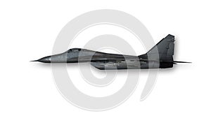 Tactical fighter jet, military aircraft on white background, side view