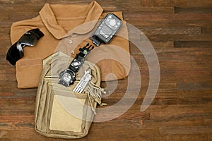 Tactical gear equipment of Special forces soldier police.military ammunition,flashlight,watch,walkie-talkie, body camera