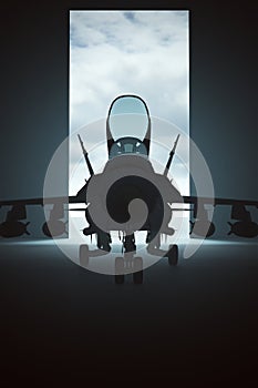 Tactical Jet Aircraft in a Dark Hanger