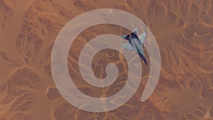 Tactical Jet Fighter Aircraft High Altitude Above Arid Mountain Desert with Sediment Mudflat