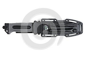 Tactical knife in sheath white background