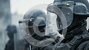 A tactical medical unit equipped with riot shields and helmets advancing towards a barricaded area to rescue ped