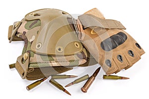 Tactical military knee pad, combat fingerless glove and rifle cartridges