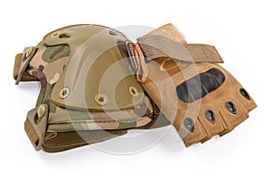 Tactical military knee pad, combat fingerless glove on white background