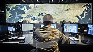Tactical Operations: Soldier in a Modern War Room Utilizing Maps and Screens, Generative AI