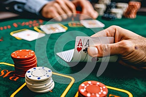 Tactical presentation of two aces and a tower of chips on a green poker table surface