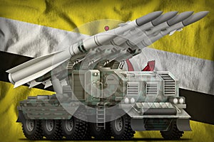 Tactical short range ballistic missile with arctic camouflage on the Brunei Darussalam national flag background. 3d Illustration