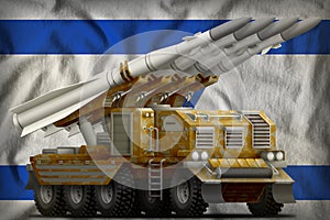 Tactical short range ballistic missile with sand camouflage on the Israel national flag background. 3d Illustration