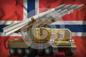 Tactical short range ballistic missile with sand camouflage on the Norway national flag background. 3d Illustration