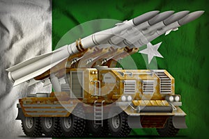 Tactical short range ballistic missile with sand camouflage on the Pakistan national flag background. 3d Illustration