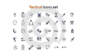Tactical web icons set in flat style with equipment, clothing and recreative stuff. photo