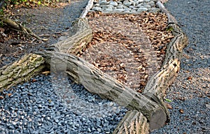 Tactile path for bare feet awakens the senses and uneven endings on the feet alternating different materials wood stone gravel