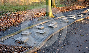 Tactile path for bare feet awakens the senses and uneven endings on the feet alternating different materials wood stone gravel san