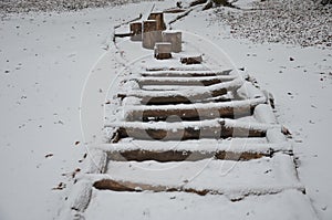 Tactile path for bare feet awakens the senses and uneven endings on the feet alternating different materials wood stone gravel san