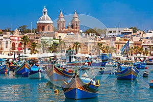 Taditional eyed boats Luzzu in Marsaxlokk, Malta