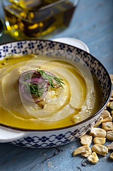 Taditional fava with olive oil. Mashed broad beans fava appetizer