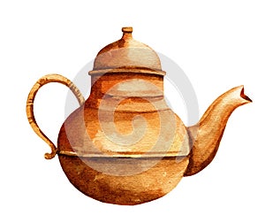 Taditional oriental teapot, copper turkish teapot, oriental tea drinking on white background