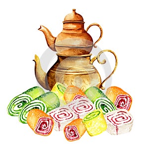 Taditional oriental teapot with turkish delight, rahat lokum, lukum, two copper turkish teapots, oriental tea drinking