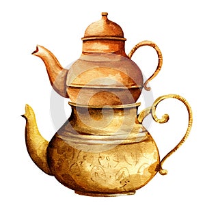 Taditional oriental teapot, two copper turkish teapots, oriental tea drinking on white background
