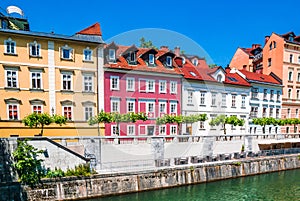 Taditional Slovenian houses on the river Ljuljanica in Ljubljana, Slovenia