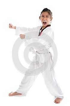 Tae Kwon Do Asian girl on white background.