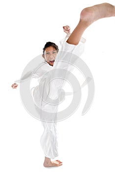 Tae Kwon Do Asian girl on white background. photo
