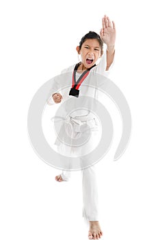 Tae Kwon Do Asian girl on white background.