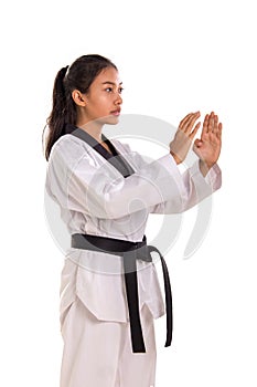 Tae-kwon-do girl standing with double palms defense position
