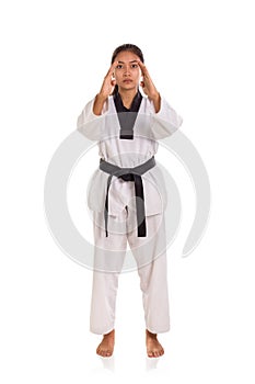 Tae-kwon-do girl two open hands stance full length