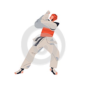 Taekwondo fighter in defending stance. Korean tae-kwon-do wrestler in action, defense pose, fight posture. Athlete with