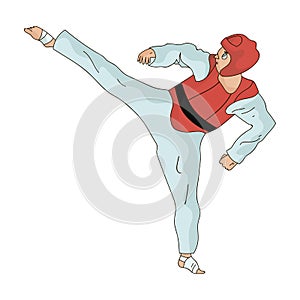 Taekwondo fighter in white kimono and red protection sports.Olympic sports single icon in cartoon style vector symbol