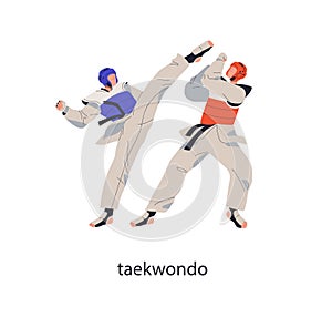 Taekwondo fighters combat. Korean martial art. Asian sport wrestling, fighting battle. Wrestlers kicking, attacking at