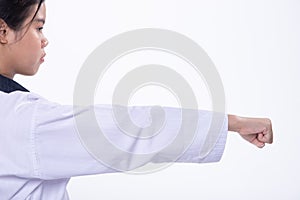 TaeKwonDo Karate national athlete kick punch on white background isolated