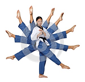 Taekwondo Teenager girl circle round her leg and strobe many legs