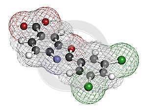 Tafamidis familial amyloid polyneuropathy FAP drug molecule. 3D rendering. Atoms are represented as spheres with conventional.