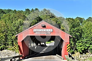 Red Taftsville Covered Bridge in the Taftsville Village in the Town of Woodstock, Windsor County, Vermont, United States