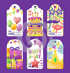 Tag for birthday greeting, vector illustration. Graphic design for holiday celebration set, card collection with gift