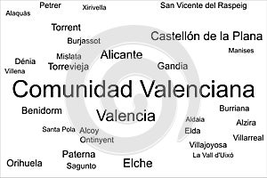 Tag cloud of the biggest cities in Comunidad Valencia, Spain. photo