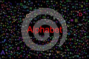 Tag cloud of English alphabet letters with big ted word Alphabet in the middle