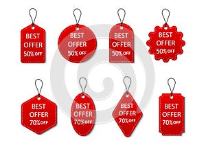 Tag of sale. Red label of discount and price. Design promotion banner. Set ribbon of best offer. Special sticker, badge and coupon