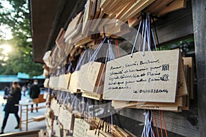 The tag of wishes in french language in the meiji shrine, Tokyo, Japan