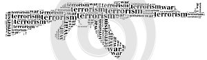 Tag or word cloud war or terrorism related in shape of ak-47