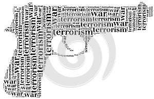 Tag or word cloud war or terrorism related in shape of pistol