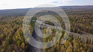 Taganay National Park in Russia in Autumn. Aerial View of `Big Stone River`, Biggest Deposit Occurrence of Aventurine